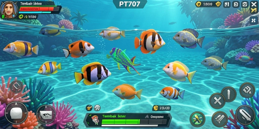 Tampilan gameplay PT707 yang menarik dengan banyak ikan untuk ditangkap.