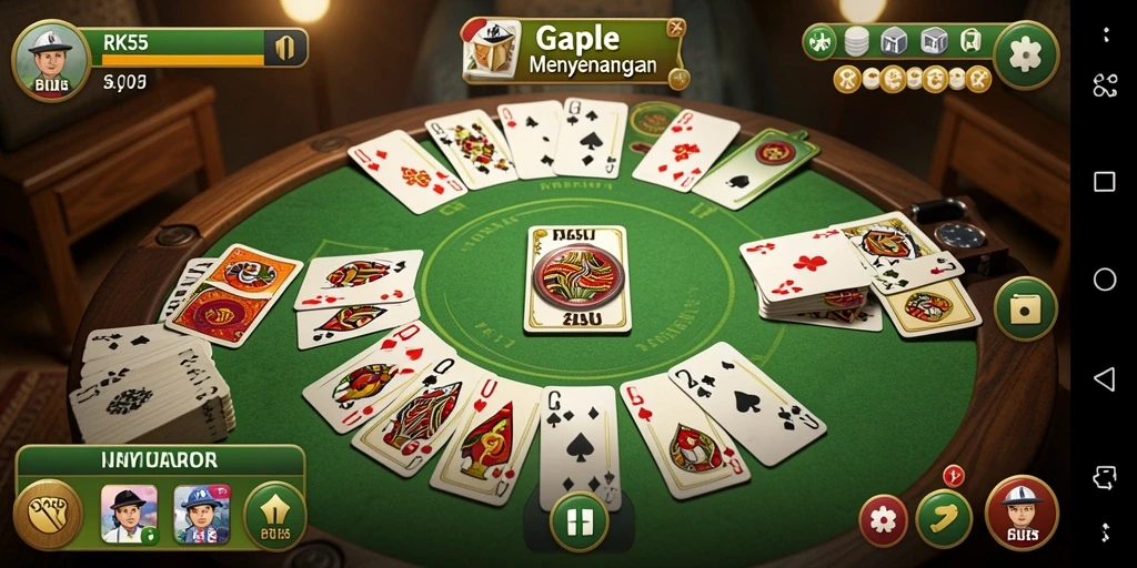 Tangkapan layar utama RK55 menunjukkan gameplay Gaple yang seru.