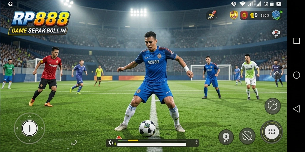 Antarmuka gameplay RP888 saat pertandingan sepak bola berlangsung.